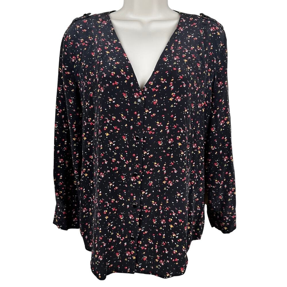Madewell et Sézane Silk Blouse Top Ditsy Floral Black Small Button Quiet Luxury